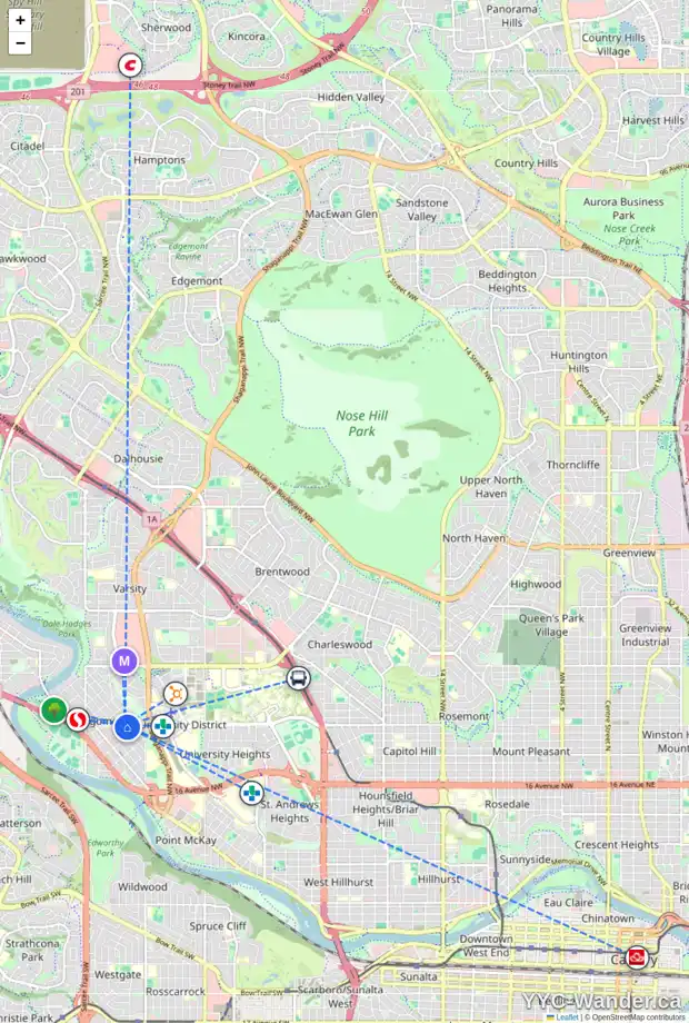 Daily accessibility map for 4636 21 AV NW, Calgary showing nearby schools, grocery stores, parks, LRT stations and nearby amenities