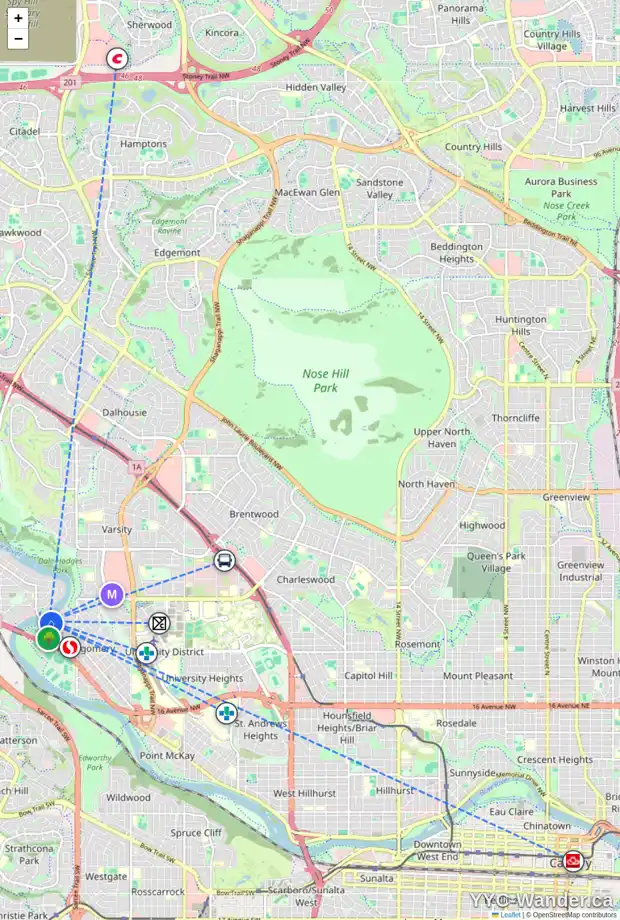 Daily accessibility map for 60 BOW LD NW, Calgary showing nearby schools, grocery stores, parks, LRT stations and nearby amenities