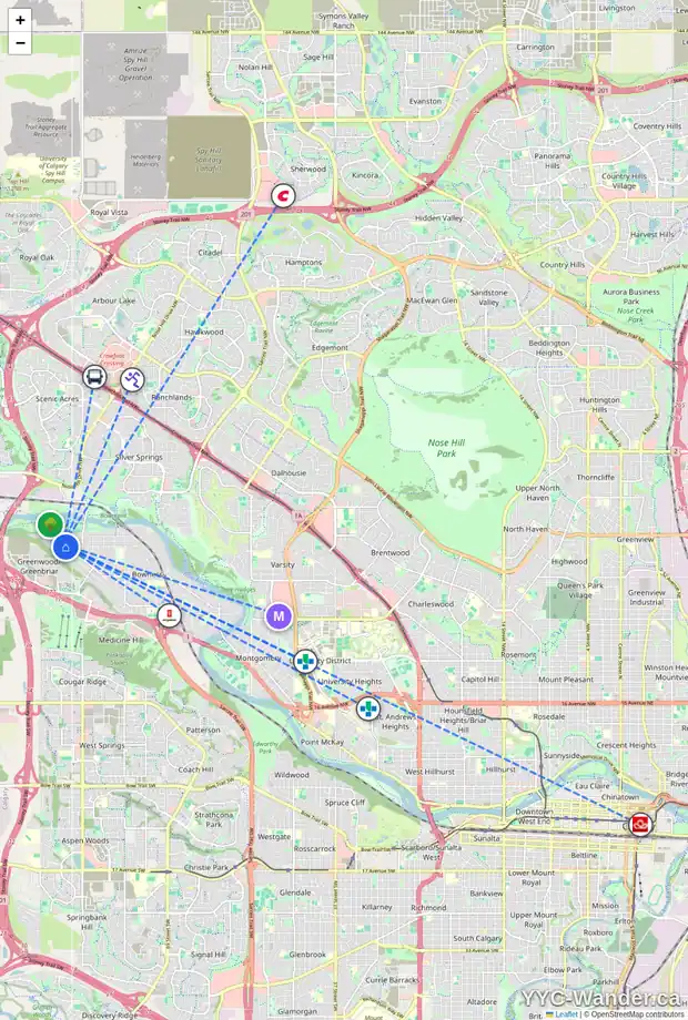 Daily accessibility map for 8823 36 AV NW, Calgary showing nearby schools, grocery stores, parks, LRT stations and nearby amenities