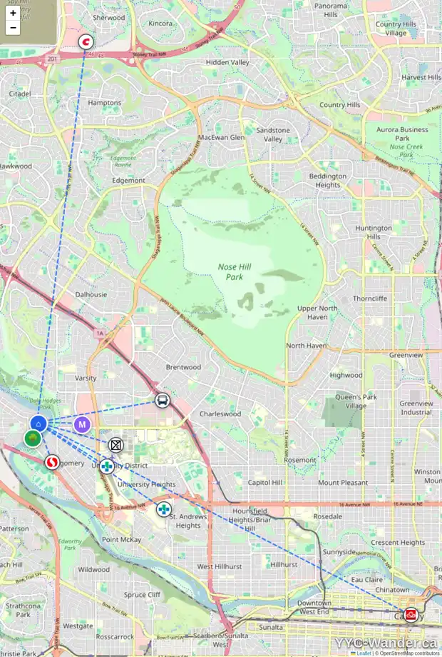 Daily accessibility map for 6004 33 AV NW, Calgary showing nearby schools, grocery stores, parks, LRT stations and nearby amenities