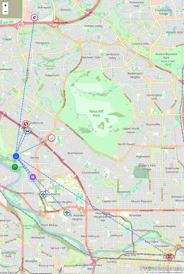 Daily accessibility map for 392 VARSITY CL NW, Calgary showing nearby schools, grocery stores, parks, LRT stations and nearby amenities