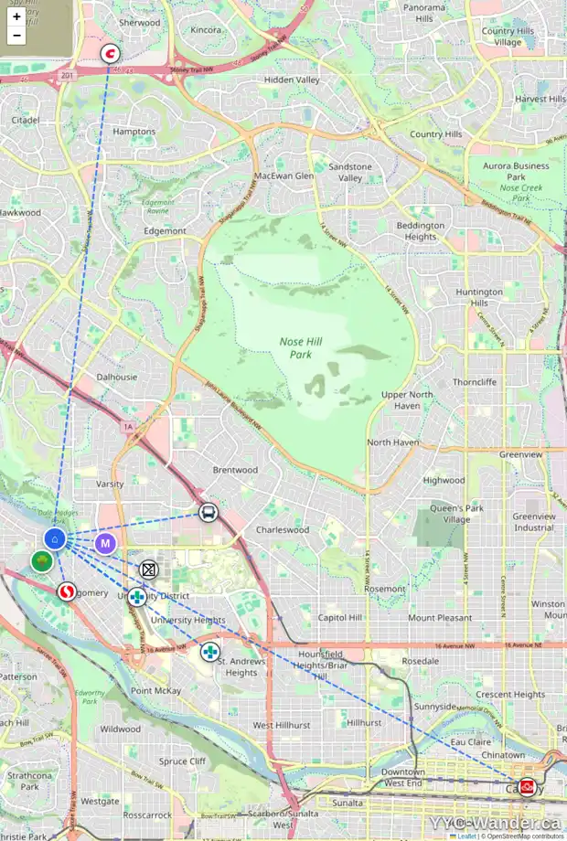 Daily accessibility map for 5923 BOW CR NW, Calgary showing nearby schools, grocery stores, parks, LRT stations and nearby amenities