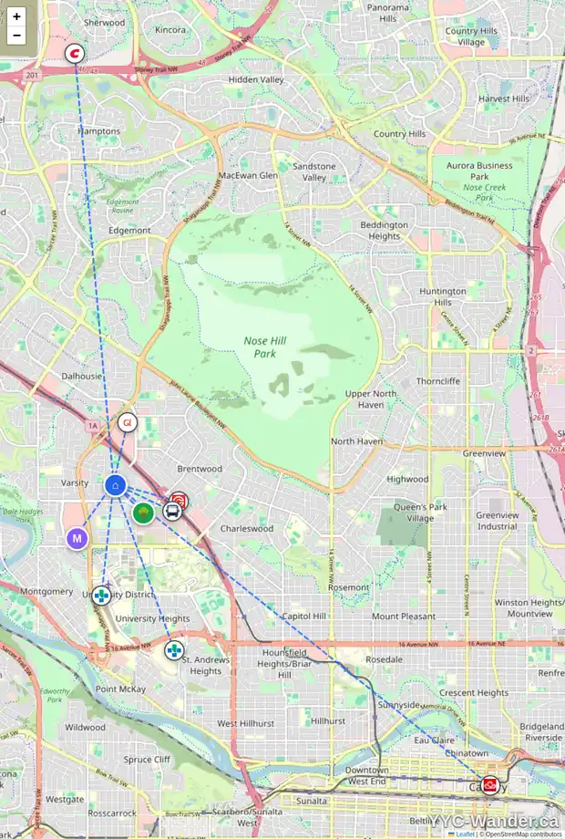 Daily accessibility map for 4312 40 ST NW, Calgary showing nearby schools, grocery stores, parks, LRT stations and nearby amenities
