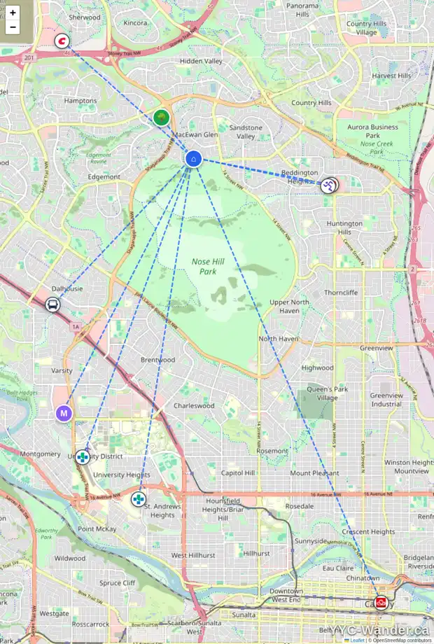 Daily accessibility map for 32 MACEWAN PARK GR NW, Calgary showing nearby schools, grocery stores, parks, LRT stations and nearby amenities