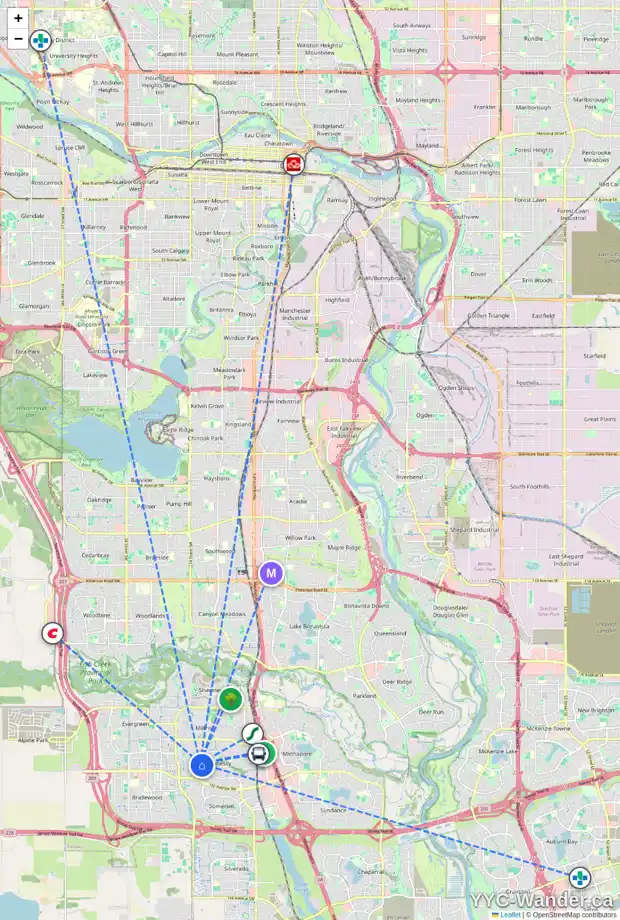 Daily accessibility map for 30 SHAWBROOKE RI SW, Calgary showing nearby schools, grocery stores, parks, LRT stations and nearby amenities