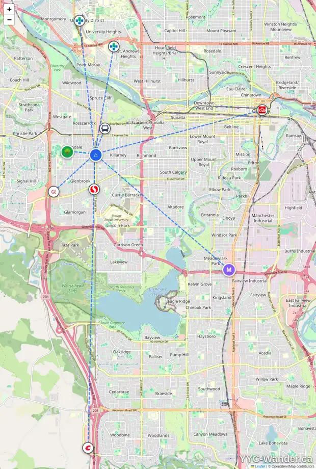 Daily accessibility map for 2431 37 ST SW, Calgary showing nearby schools, grocery stores, parks, LRT stations and nearby amenities