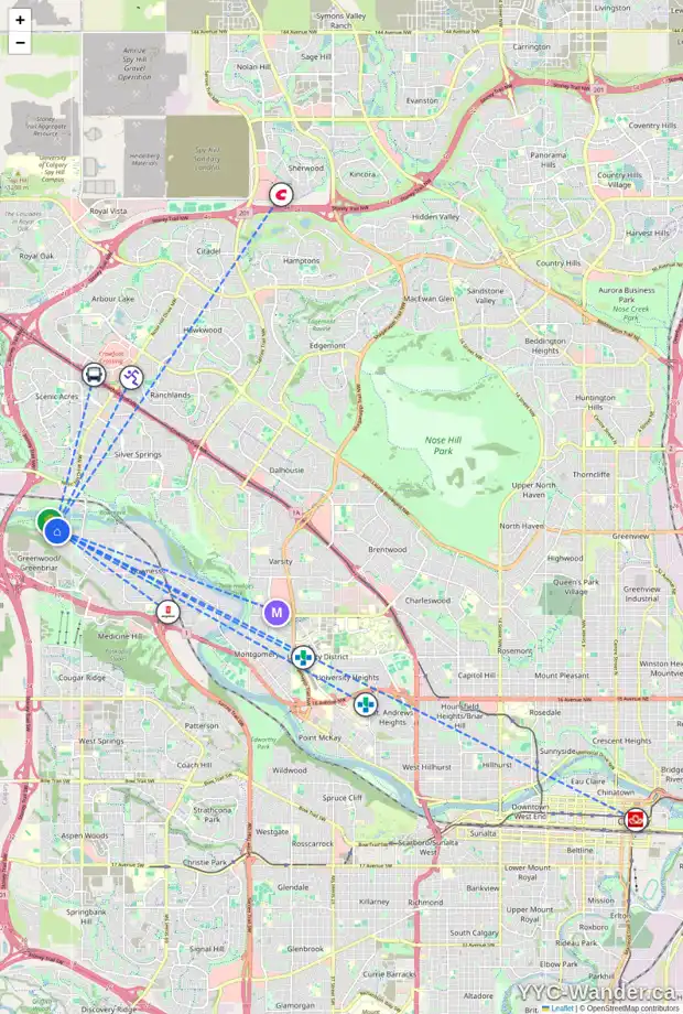 Daily accessibility map for 8948 48 AV NW, Calgary showing nearby schools, grocery stores, parks, LRT stations and nearby amenities