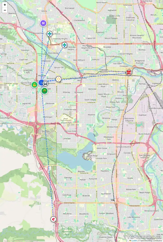 Daily accessibility map for 336 WESTWOOD DR SW, Calgary showing nearby schools, grocery stores, parks, LRT stations and nearby amenities