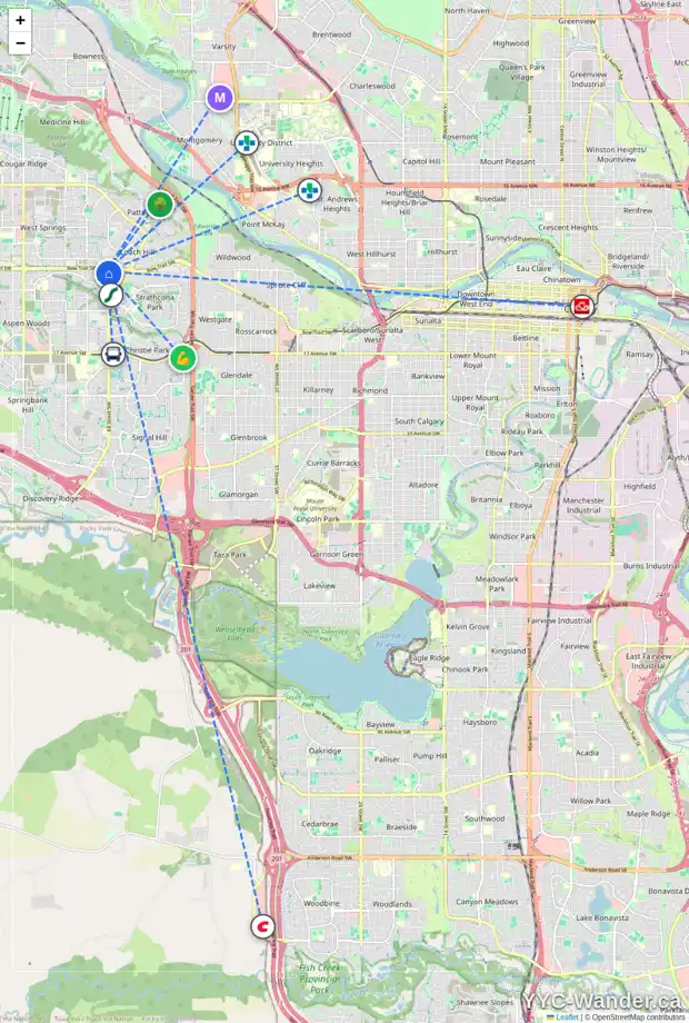 Daily accessibility map for 100 STRATHRIDGE CL SW, Calgary showing nearby schools, grocery stores, parks, LRT stations and nearby amenities