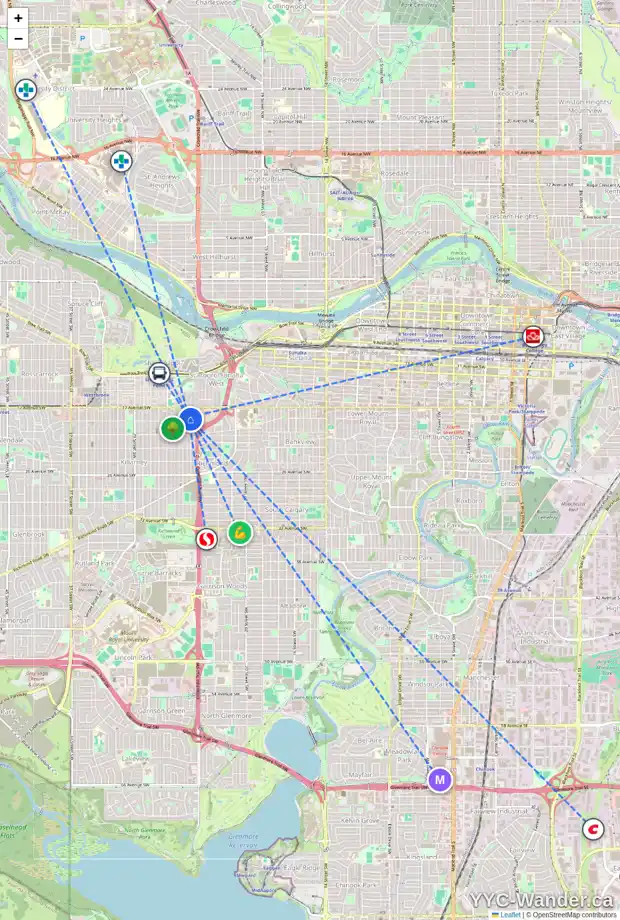 Daily accessibility map for 1 1935 24A ST SW, Calgary showing nearby schools, grocery stores, parks, LRT stations and nearby amenities
