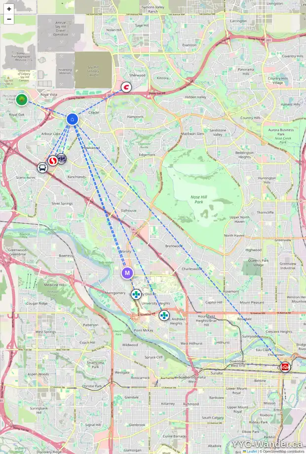 Daily accessibility map for 86 ARBOUR RIDGE CL NW, Calgary showing nearby schools, grocery stores, parks, LRT stations and nearby amenities