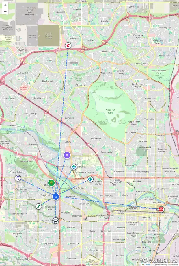 Daily accessibility map for 5631 COACH HILL RD SW, Calgary showing nearby schools, grocery stores, parks, LRT stations and nearby amenities