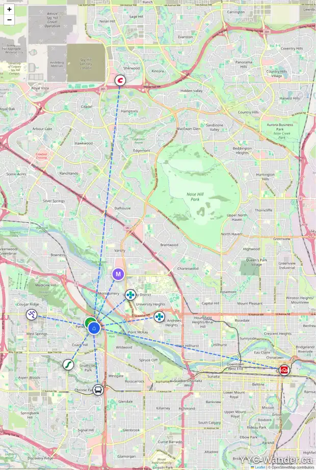 Daily accessibility map for 20 PATINA HL SW, Calgary showing nearby schools, grocery stores, parks, LRT stations and nearby amenities