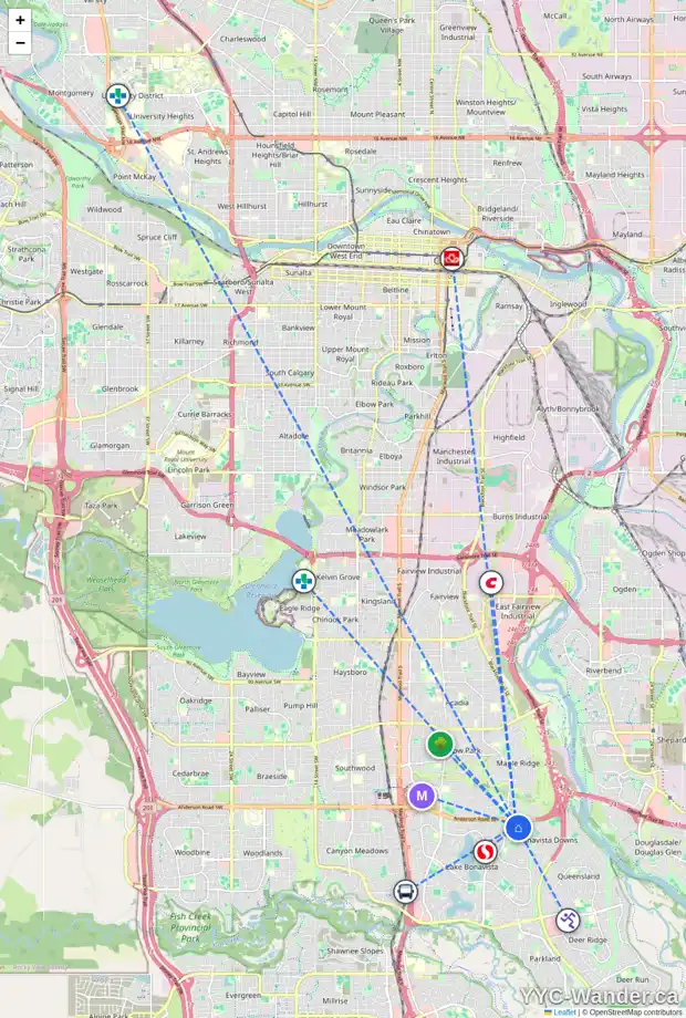 Daily accessibility map for 1107 LAKE WAPTA WY SE, Calgary showing nearby schools, grocery stores, parks, LRT stations and nearby amenities