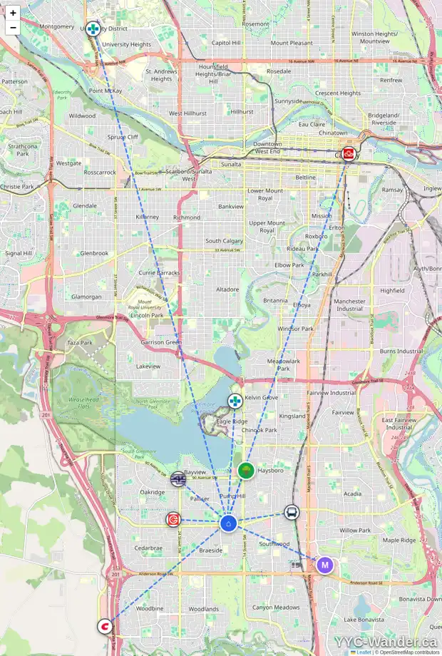 Daily accessibility map for 224 PUMP HILL CR SW, Calgary showing nearby schools, grocery stores, parks, LRT stations and nearby amenities