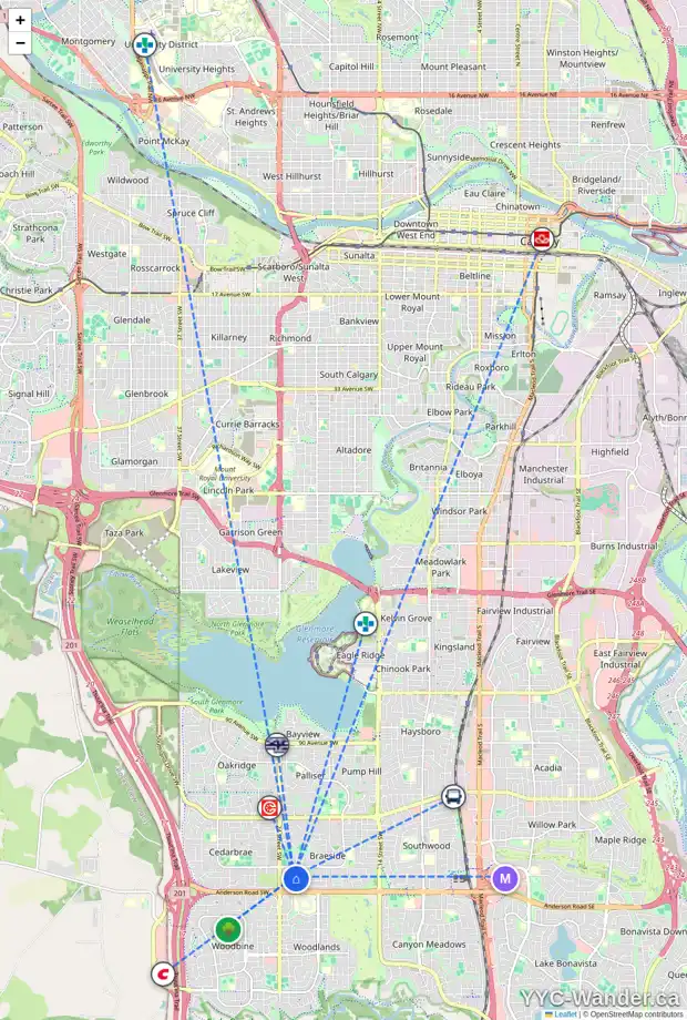 Daily accessibility map for 812 939 BRACEWOOD DR SW, Calgary showing nearby schools, grocery stores, parks, LRT stations and nearby amenities