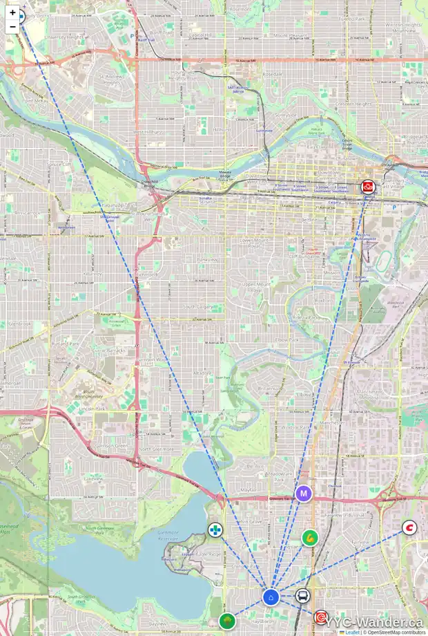 Daily accessibility map for 8432 ELBOW DR SW, Calgary showing nearby schools, grocery stores, parks, LRT stations and nearby amenities