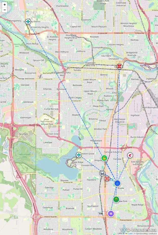Daily accessibility map for 9103 FAIRMOUNT DR SE, Calgary showing nearby schools, grocery stores, parks, LRT stations and nearby amenities