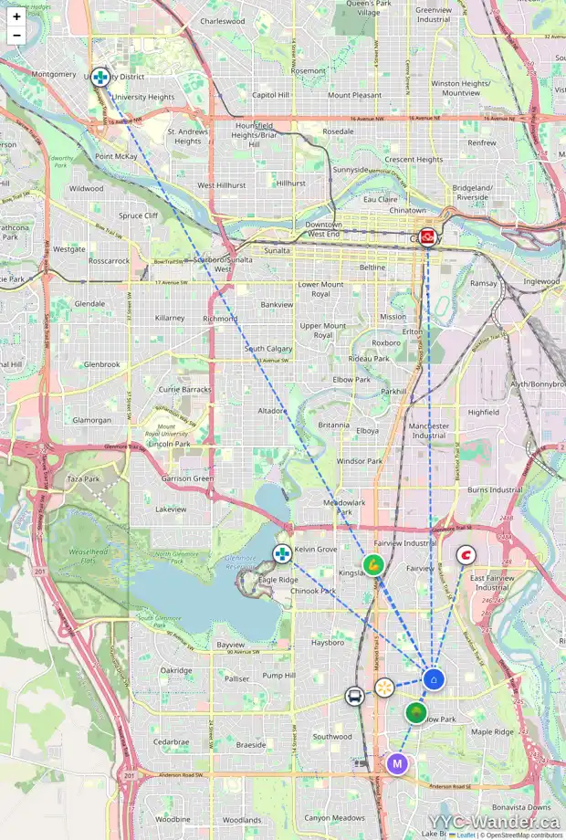 Daily accessibility map for 32 ATLANTA CR SE, Calgary showing nearby schools, grocery stores, parks, LRT stations and nearby amenities