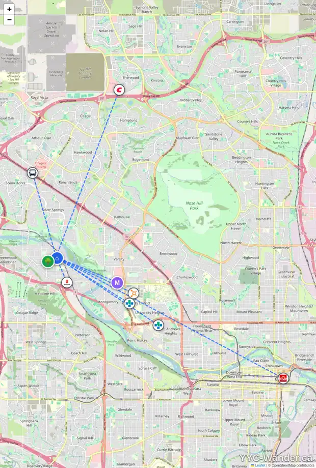 Daily accessibility map for 4507 70 ST NW, Calgary showing nearby schools, grocery stores, parks, LRT stations and nearby amenities