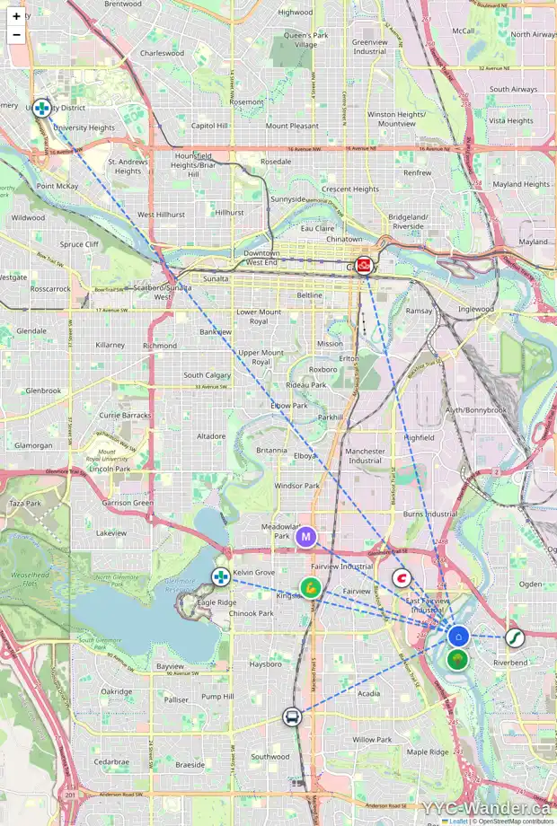 Daily accessibility map for 113 RIVERSIDE CI SE, Calgary showing nearby schools, grocery stores, parks, LRT stations and nearby amenities