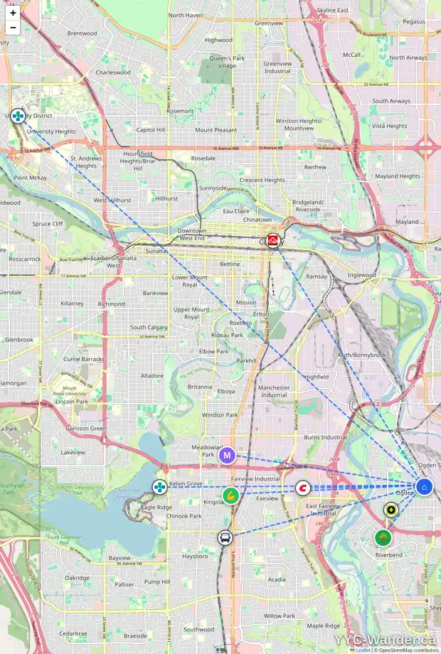 Daily accessibility map for 2424 CRESTWOOD RD SE, Calgary showing nearby schools, grocery stores, parks, LRT stations and nearby amenities