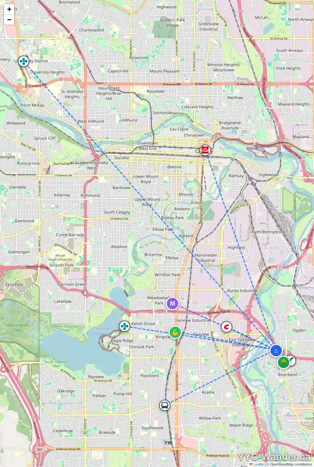 Daily accessibility map for 219 RIVERSIDE WY SE, Calgary showing nearby schools, grocery stores, parks, LRT stations and nearby amenities