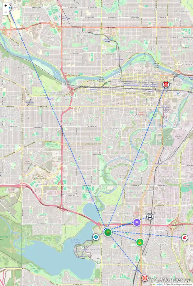 Daily accessibility map for 1320 KELOWNA CR SW, Calgary showing nearby schools, grocery stores, parks, LRT stations and nearby amenities