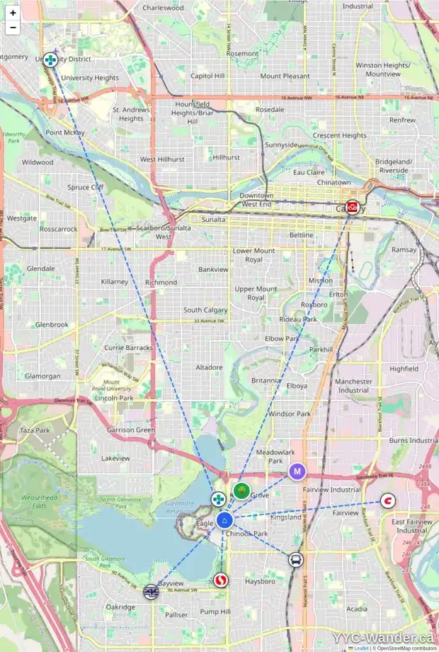 Daily accessibility map for 277 EAGLE RIDGE DR SW, Calgary showing nearby schools, grocery stores, parks, LRT stations and nearby amenities
