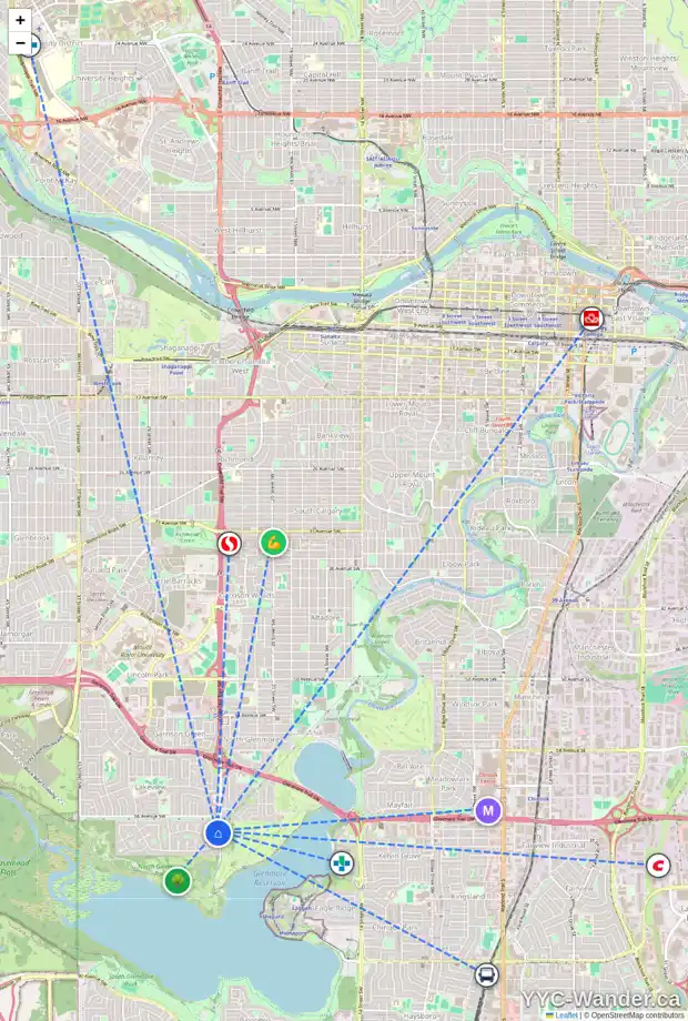 Daily accessibility map for 6811 LAWRENCE CO SW, Calgary showing nearby schools, grocery stores, parks, LRT stations and nearby amenities