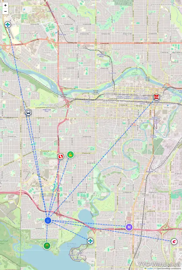 Daily accessibility map for 2828 63 AV SW, Calgary showing nearby schools, grocery stores, parks, LRT stations and nearby amenities