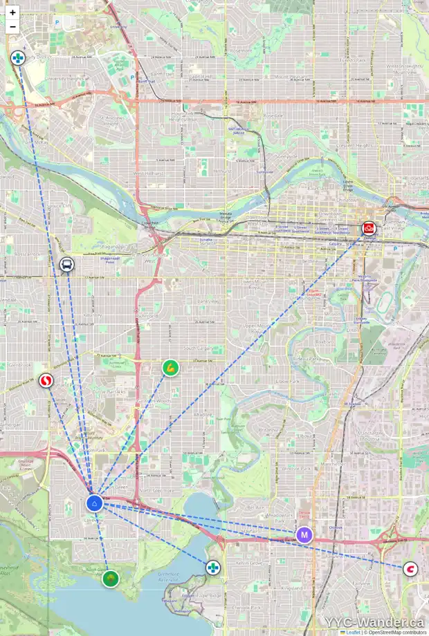 Daily accessibility map for 3136 LEDUC CR SW, Calgary showing nearby schools, grocery stores, parks, LRT stations and nearby amenities