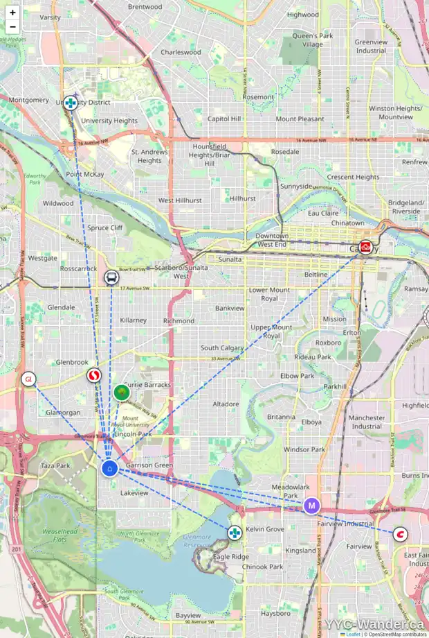 Daily accessibility map for 5708 LAWSON PL SW, Calgary showing nearby schools, grocery stores, parks, LRT stations and nearby amenities