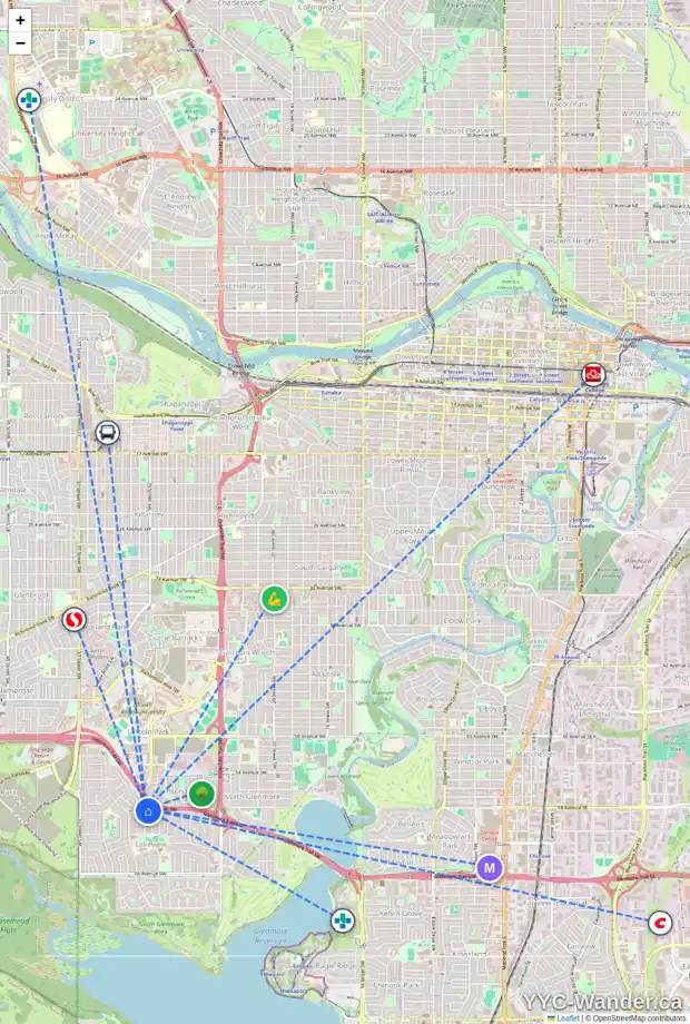 Daily accessibility map for 6119 LOCKINVAR RD SW, Calgary showing nearby schools, grocery stores, parks, LRT stations and nearby amenities