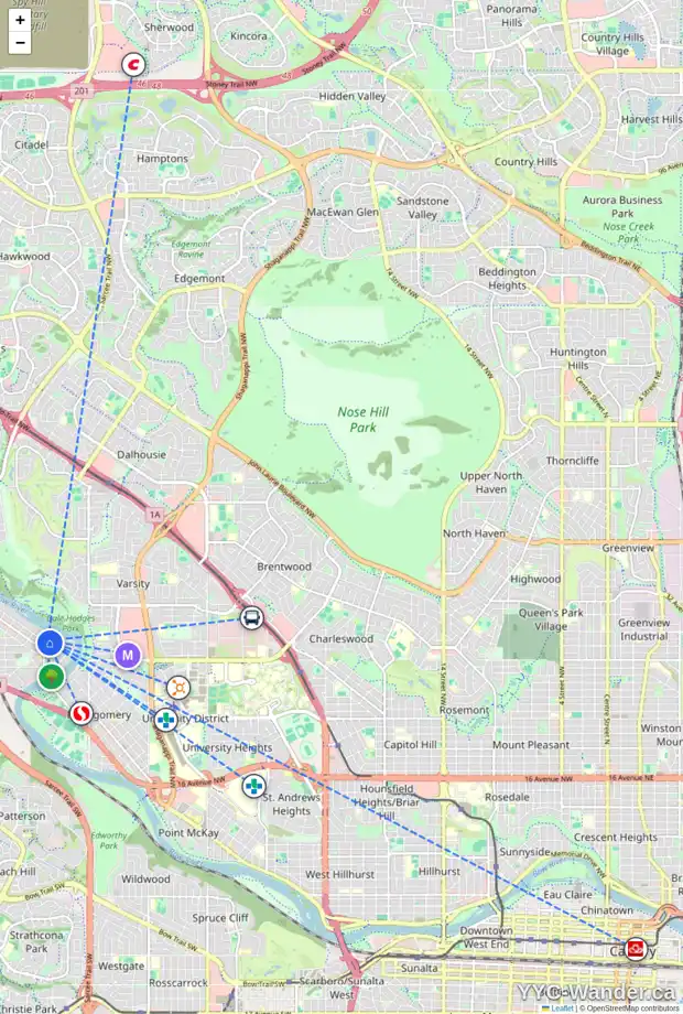 Daily accessibility map for 6039 BOW CR NW, Calgary showing nearby schools, grocery stores, parks, LRT stations and nearby amenities