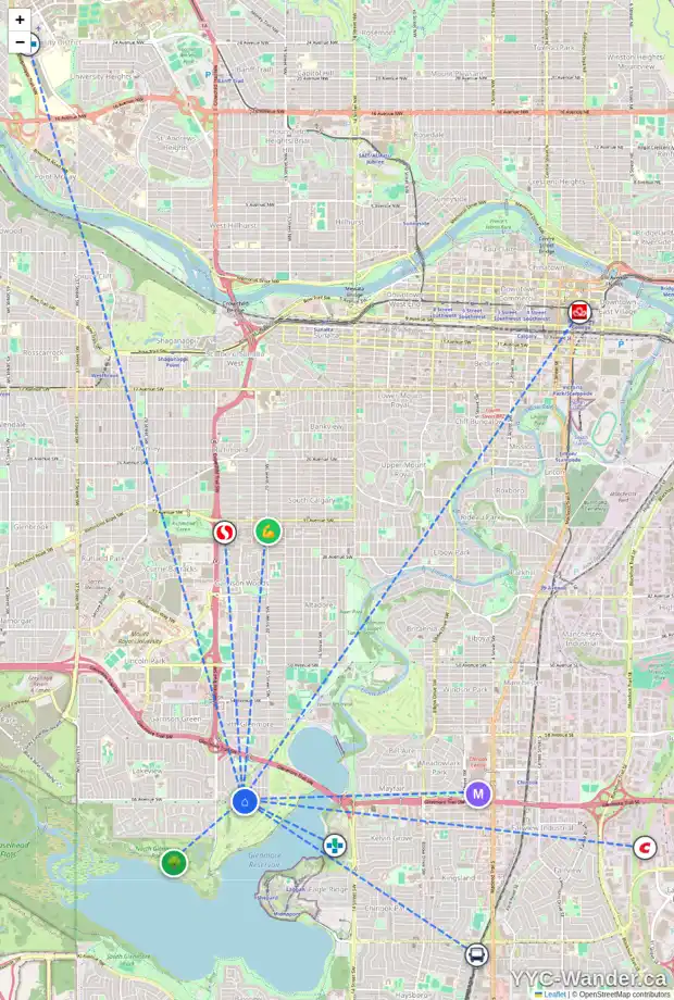 Daily accessibility map for 2352 LONGRIDGE DR SW, Calgary showing nearby schools, grocery stores, parks, LRT stations and nearby amenities