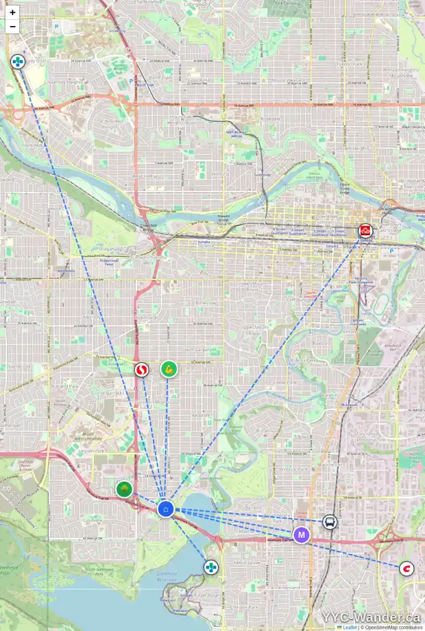 Daily accessibility map for 2143 LINCOLN DR SW, Calgary showing nearby schools, grocery stores, parks, LRT stations and nearby amenities