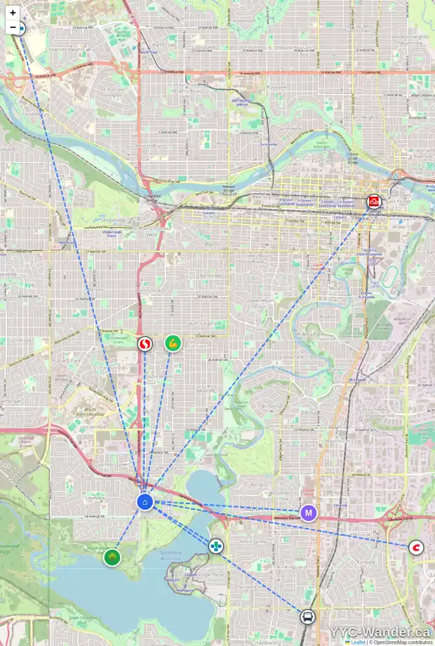 Daily accessibility map for 6503 LOMBARDY CR SW, Calgary showing nearby schools, grocery stores, parks, LRT stations and nearby amenities