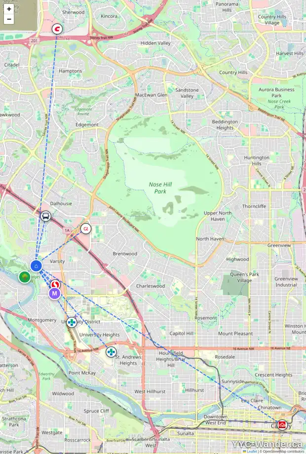 Daily accessibility map for 120 VARSITY CR NW, Calgary showing nearby schools, grocery stores, parks, LRT stations and nearby amenities