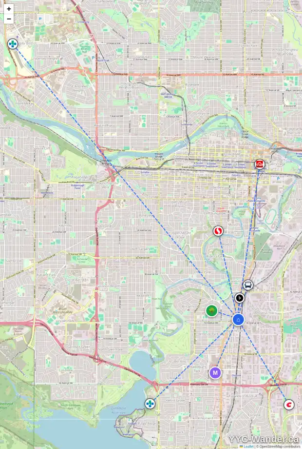 Daily accessibility map for 4812 1 ST SW, Calgary showing nearby schools, grocery stores, parks, LRT stations and nearby amenities