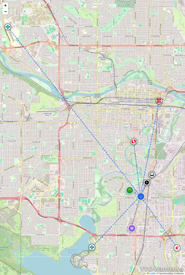 Daily accessibility map for 5008 STANLEY RD SW, Calgary showing nearby schools, grocery stores, parks, LRT stations and nearby amenities