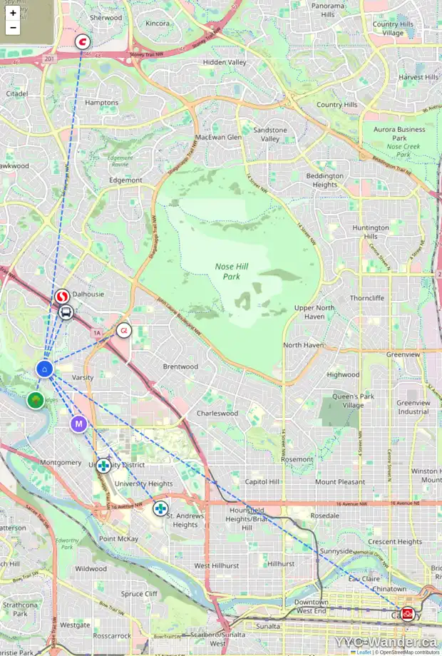 Daily accessibility map for 5436 VARSITY DR NW, Calgary showing nearby schools, grocery stores, parks, LRT stations and nearby amenities