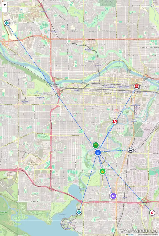 Daily accessibility map for 1109 LANSDOWNE AV SW, Calgary showing nearby schools, grocery stores, parks, LRT stations and nearby amenities