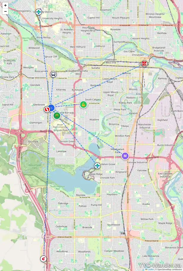 Daily accessibility map for 3715 35 AV SW, Calgary showing nearby schools, grocery stores, parks, LRT stations and nearby amenities