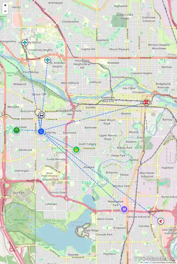 Daily accessibility map for 2423 34 ST SW, Calgary showing nearby schools, grocery stores, parks, LRT stations and nearby amenities