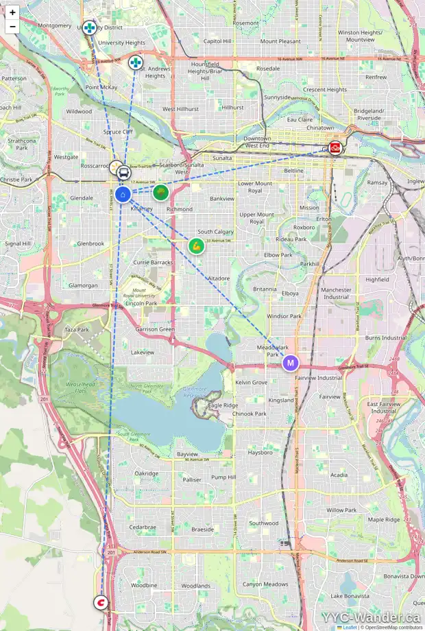 Daily accessibility map for 2027 34 ST SW, Calgary showing nearby schools, grocery stores, parks, LRT stations and nearby amenities