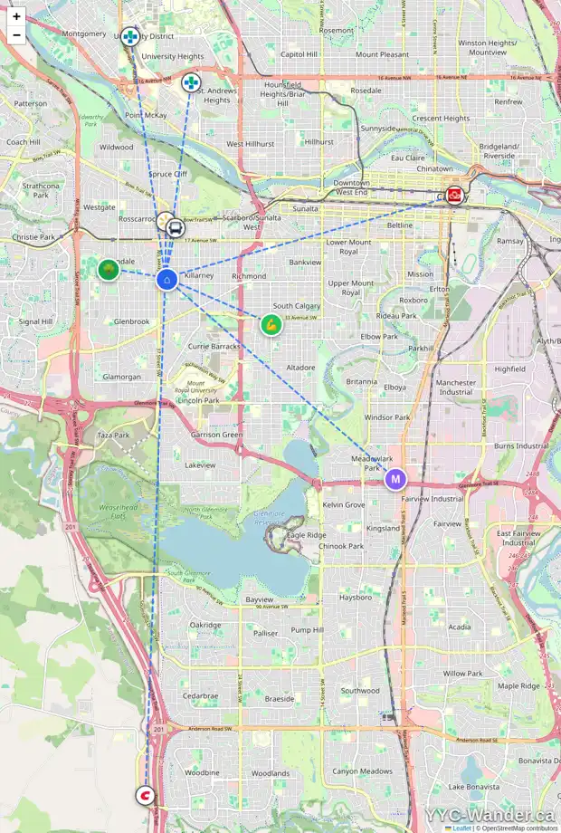Daily accessibility map for 2612 36 ST SW, Calgary showing nearby schools, grocery stores, parks, LRT stations and nearby amenities