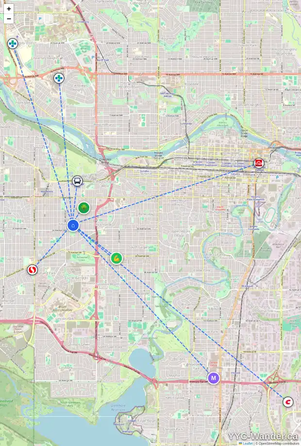 Daily accessibility map for 2601 27 ST SW, Calgary showing nearby schools, grocery stores, parks, LRT stations and nearby amenities