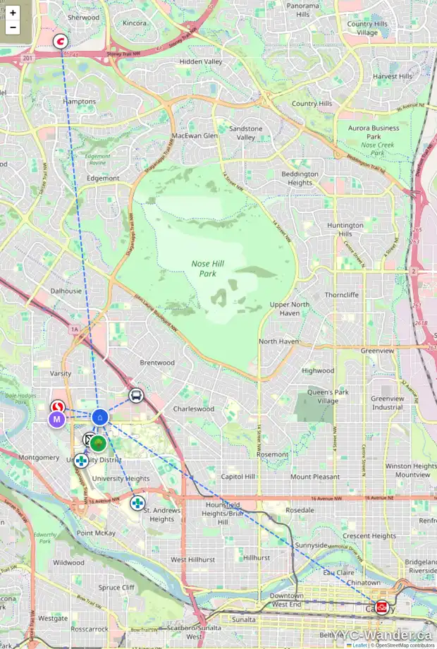 Daily accessibility map for 3415 VARAL RD NW, Calgary showing nearby schools, grocery stores, parks, LRT stations and nearby amenities