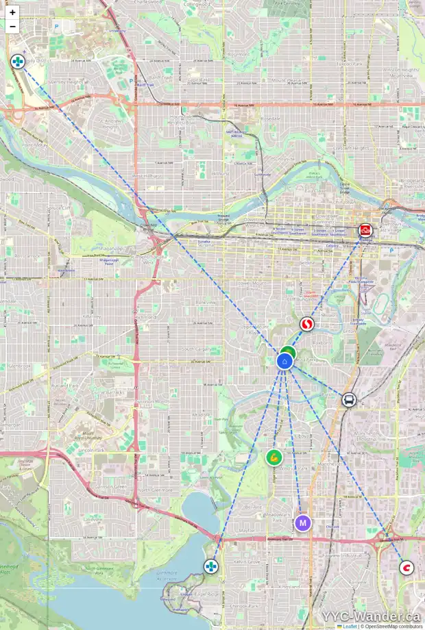 Daily accessibility map for 3413 ELBOW DR SW, Calgary showing nearby schools, grocery stores, parks, LRT stations and nearby amenities